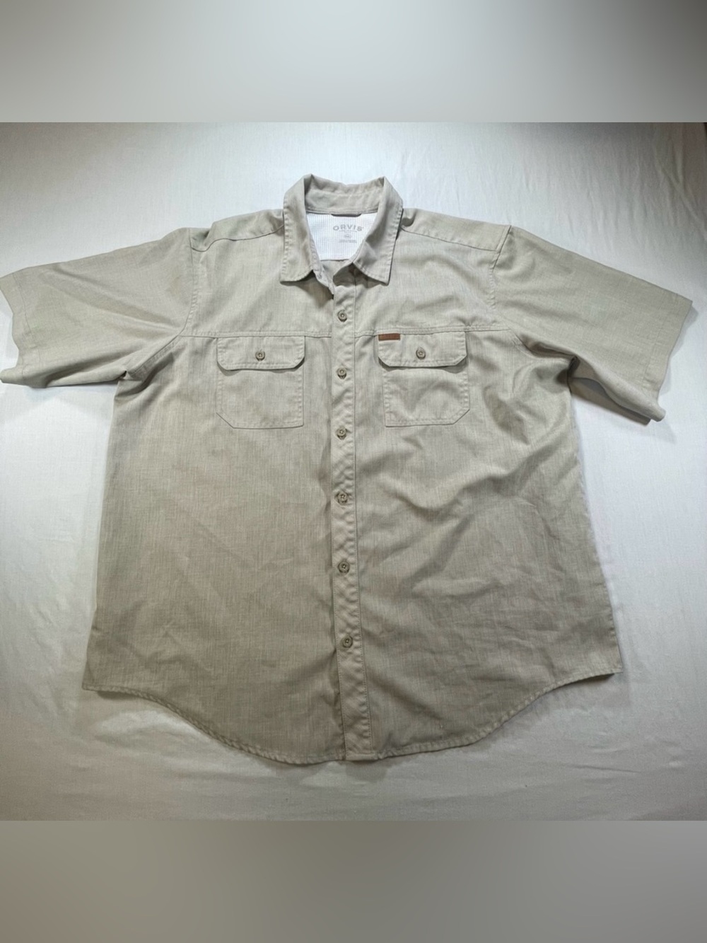 Orvis Button Short Sleeve Stretch Shirt Men's 2XL XXL Hiking Fishing Khaki Tan